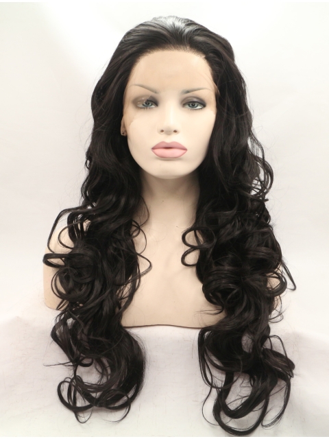 Without Bangs Black 28" Curly Long Lace Front Synthetic Wigs