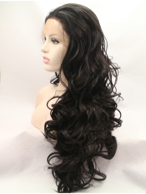 Without Bangs Black 28" Curly Long Lace Front Synthetic Wigs