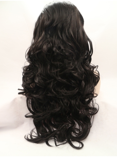 Without Bangs Black 28" Curly Long Lace Front Synthetic Wigs