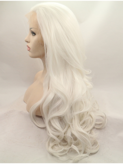 Without Bangs White 27" Curly Long Lace Front Synthetic Wigs