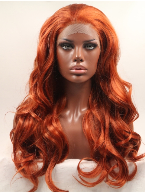 Without Bangs Orange 20" Curly Long Lace Front Synthetic Wigs