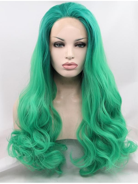 Synthetic Green 26" Curly Lace Front Without Bangs Long Wigs