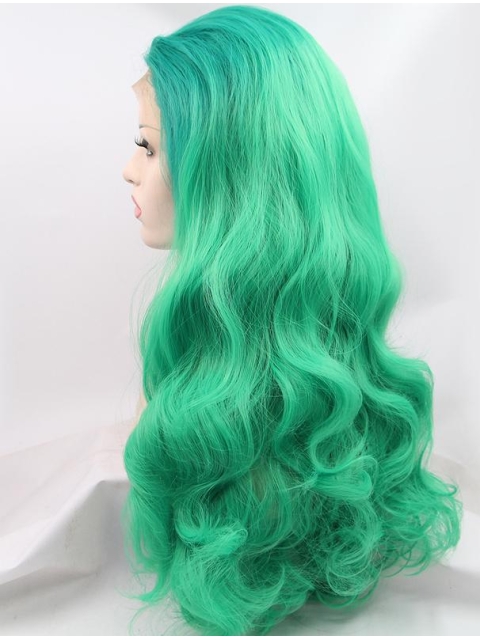 Synthetic Green 26" Curly Lace Front Without Bangs Long Wigs