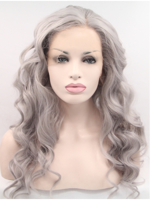 Synthetic Lace Front 22" Curly Grey Without Bangs Long Wigs