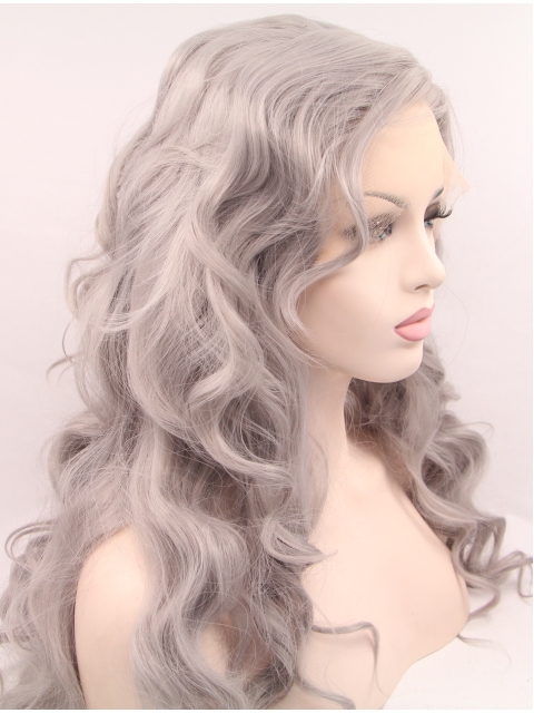 Synthetic Lace Front 22" Curly Grey Without Bangs Long Wigs