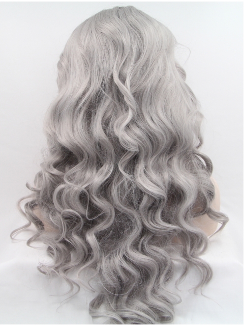 Synthetic Lace Front 22" Curly Grey Without Bangs Long Wigs