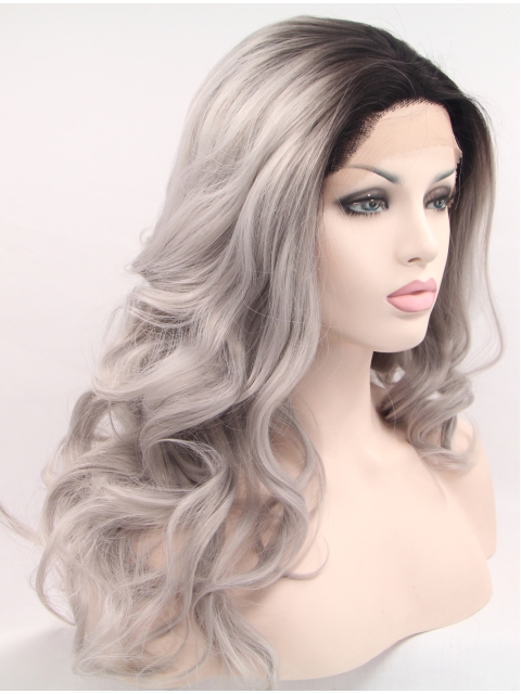 Curly Grey Without Bangs Synthetic Shoulder Length Lace Front Synthetic Women Wigs