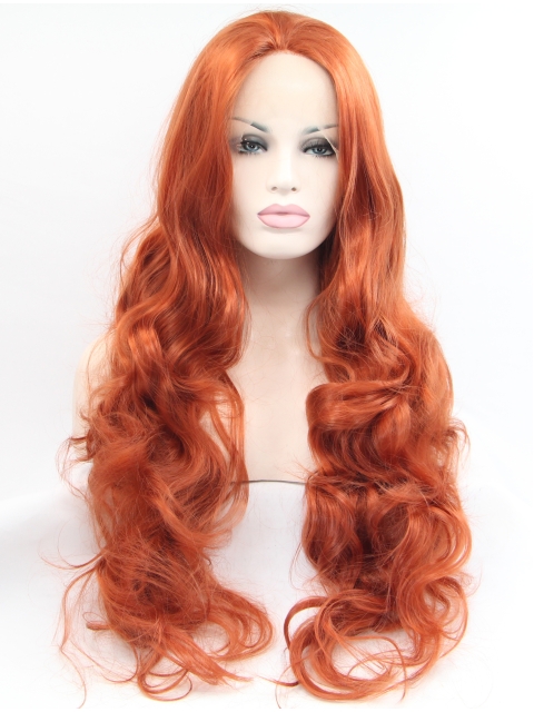 Curly Copper Without Bangs Synthetic Long Lace Front Women Wigs