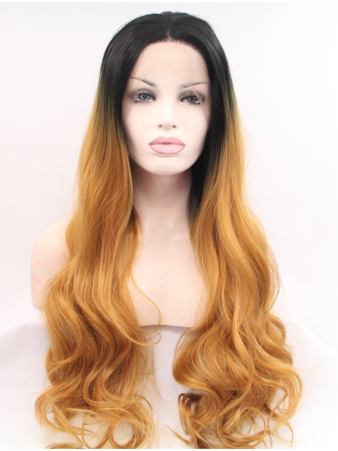  Curly Ombre/2 Tone Without Bangs Synthetic Long Lace Front Women Wigs