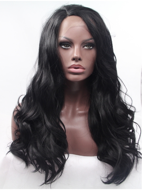  Good Black  Curly Without Bangs Lace Front Synthetic Long  Women Wigs