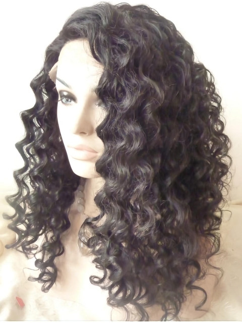   Curly Without Bangs Black Shoulder Length Lace Front Synthetic Women Wigs