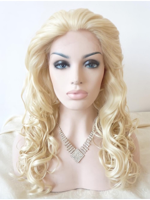  Curly Blonde Without Bangs Lace Front  Long Synthetic Women Wigs