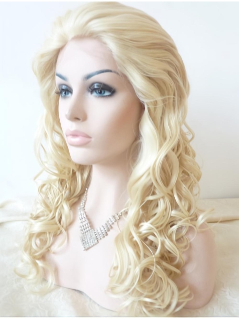  Curly Blonde Without Bangs Lace Front  Long Synthetic Women Wigs