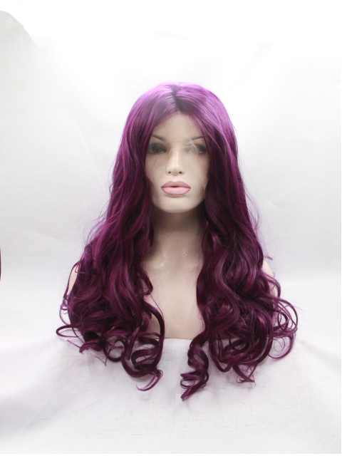  Curly Synthetic Purple Without Bangs Long Lace Front Women Wigs