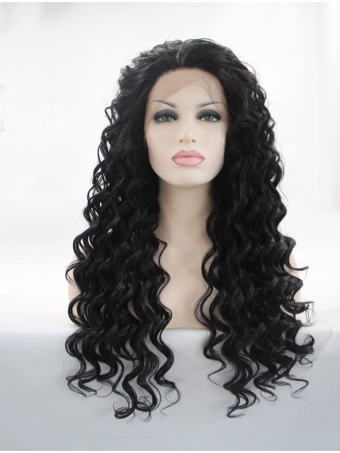 Without Bangs Black  Curly Long Lace Front Synthetic Women Wigs