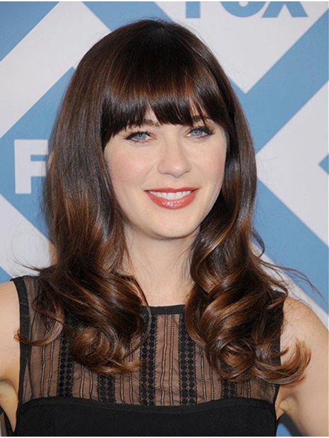  Lace Front Long Synthetic Curly Women Zooey Deschanel Wigs