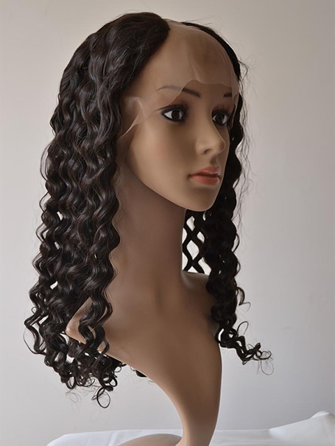 Sleek Black Curly Lace Front Long U Part Human Hair Women Wigs