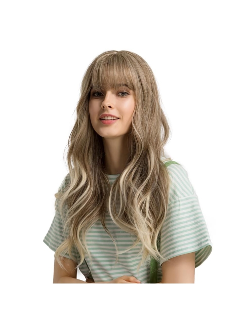 Blond Long Wavy Synthetic Wigs with Fluffy Air Bangs For Women