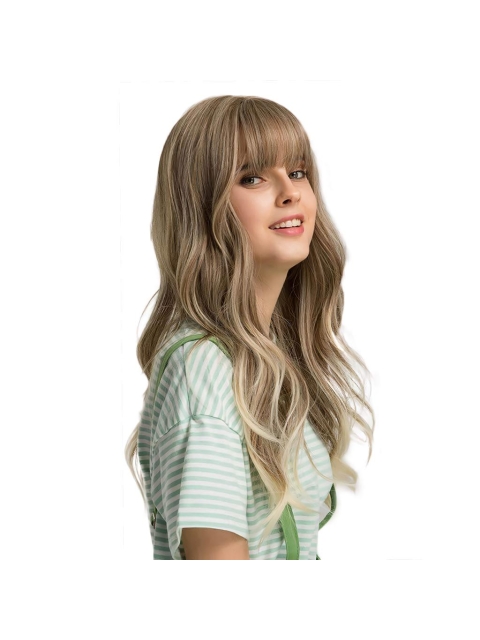 Blond Long Wavy Synthetic Wigs with Fluffy Air Bangs For Women