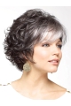 Natural Looking Grey Curly Short Classic Wigs For Older Women With Full White Bangs