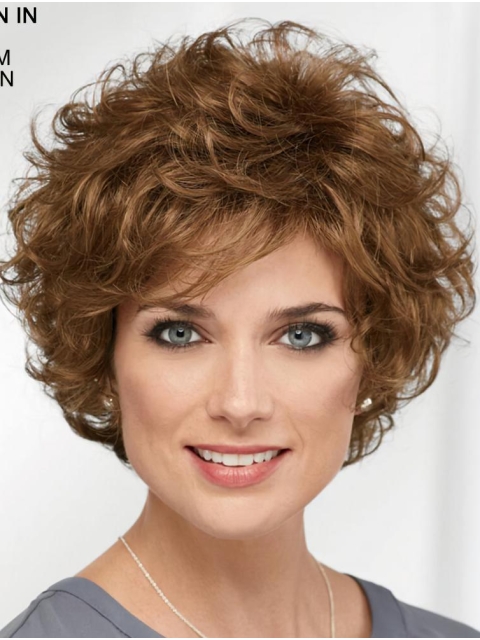 Curly Brown Short 8" Designed Classic Synthetic Wigs For Older Women