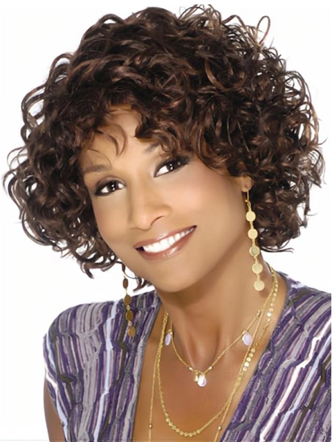 Short Natural Looking Brown Curly African American Wigs For Black Women