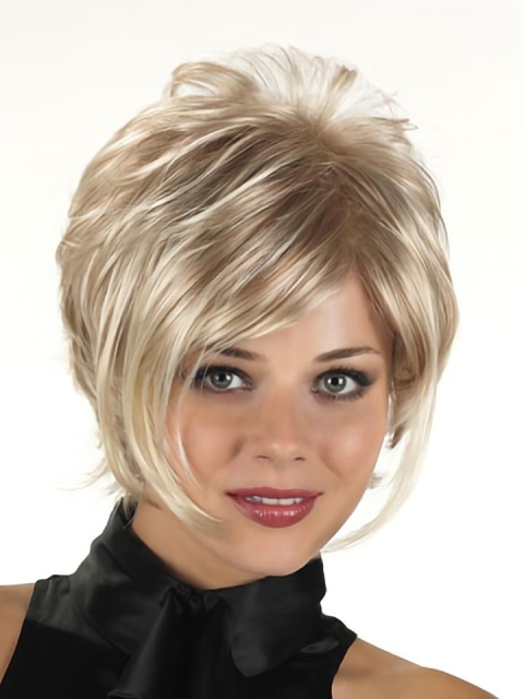 Blonde Short Layered Straight Synthetic with Bangs Capless Wigs With Bangs