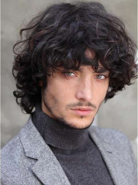 Affortable Black Stylish Curly Full Lace Short Human Hair Men Wigs