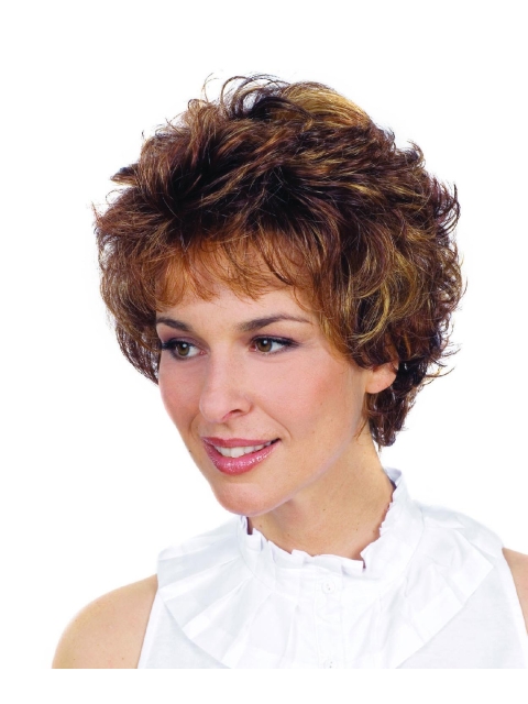 Short Curly Hairstyle Women's Natural Looking Brown Curly Synthetic Hair Capless Wigs 8Inch