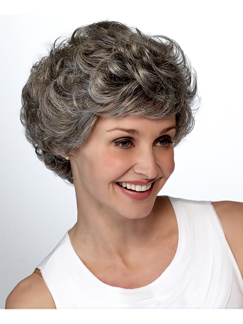 Latest Trend Short Hairstyle Unique Natural Curly Synthetic Hair Grey Lace Front Wig