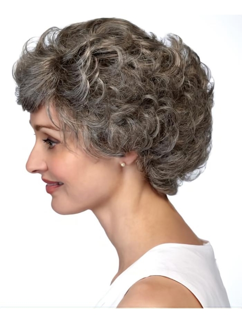 Latest Trend Short Hairstyle Unique Natural Curly Synthetic Hair Grey Lace Front Wig