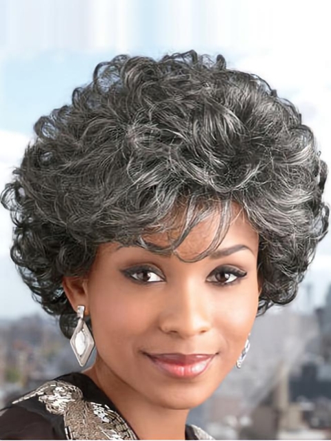 Ideal Curly Short Heat Friendly Synthetic Grey Wigs For Older Women