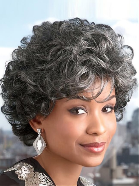 Ideal Curly Short Heat Friendly Synthetic Grey Wigs For Older Women