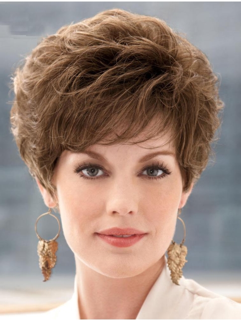 Short Curly Brown Mixed Color Layered Hairstyle with Full Bangs Capless Synthetic Hair 10 Inches