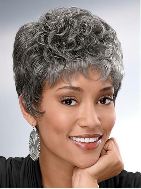 Great Curly Short Synthetic Grey Wigs