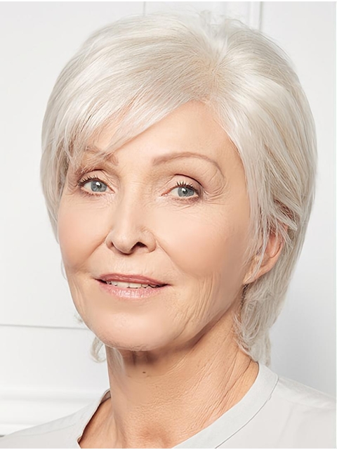 Natural Looking Straight Monofilament Grey Synthetic 10Inch Layered Short Wigs For Older Women