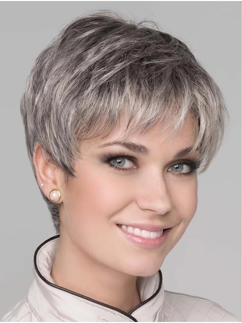 Natural Looking Short Grey 8Inch Straight Synthetic Mono top Synthetic Wigs