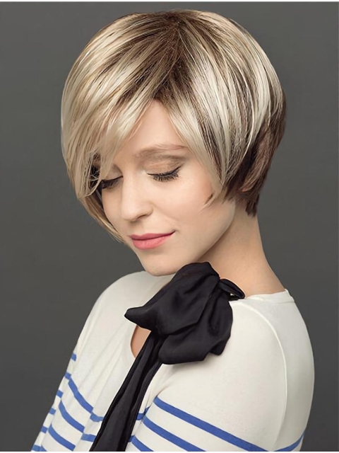 Short 8" Capless Platinum Blonde Straight Ladies Bob Wigs