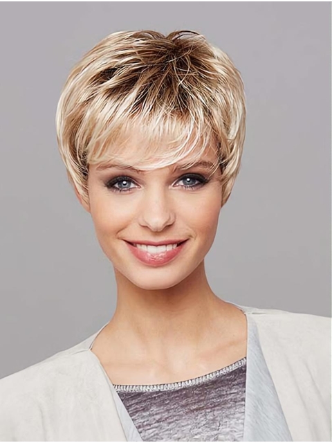 8" Platinum Blonde Short Layered Straight Synthetic Wigs