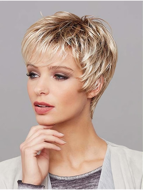 8" Platinum Blonde Short Layered Straight Synthetic Wigs