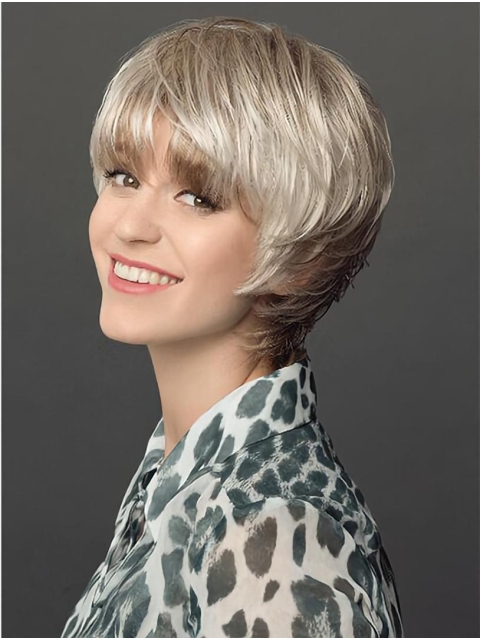 8" Platinum Blonde Short Layered Straight Synthetic Wigs Women