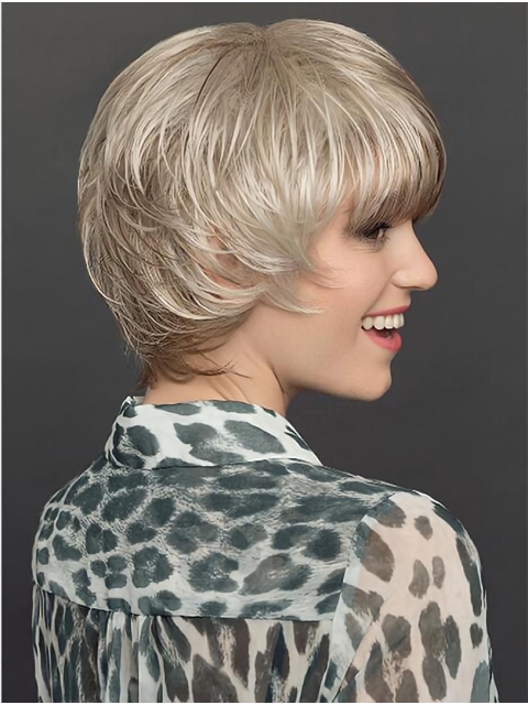 8" Platinum Blonde Short Layered Straight Synthetic Wigs Women