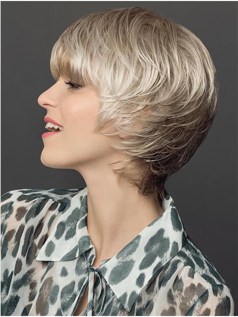 8" Platinum Blonde Short Layered Straight Synthetic Wigs Women