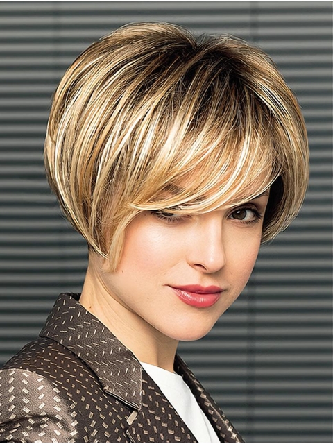 8" Ombre/2 Tone Short With Bangs Straight Synthetic Wigs