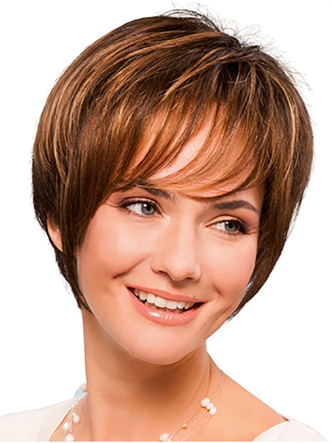 8" Straight Short Copper Synthetic With Bangs Hand Tied Wigs