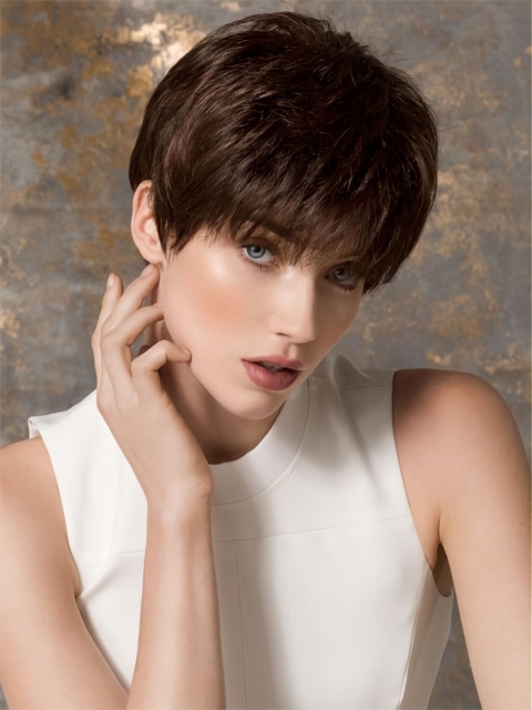 Unique Straight Brown Cropped Petite Monofilament Wigs 