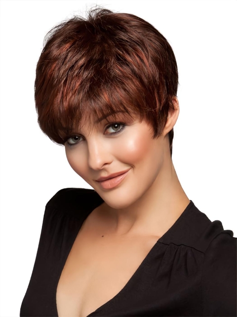 Unique Straight Brown Cropped Petite Monofilament Wigs 