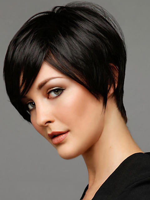 Black Straight Remy Human Hair Shining Short Wigs