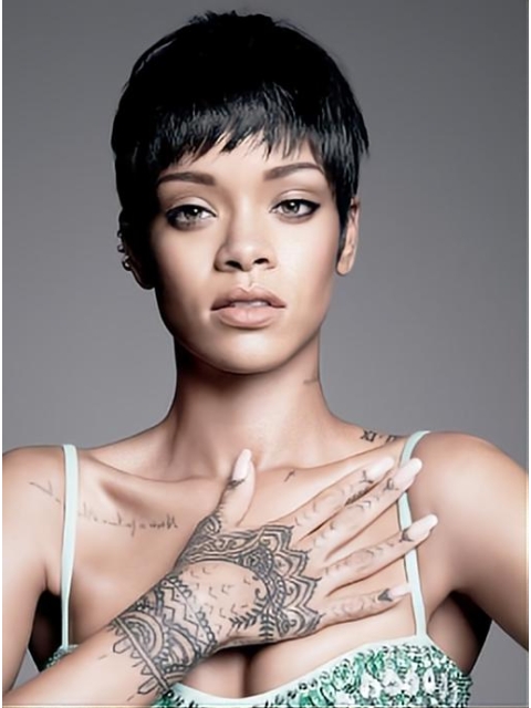 Rihanna Pixie Cut Short Straight Lace Front Human Hair Wig with Bangs