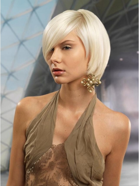 Young Fashion Exquisite Hairstyle Platinum Blonde Smooth Mono Synthetic Women Wigs